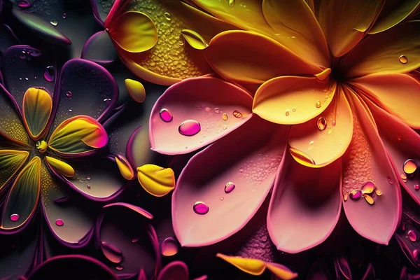 a close up of a flower with drops of water on the petals and the petals are pink and yellow, and the petals are yellow and the petals are pink.