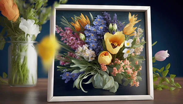 a painting of flowers in a vase and a vase of flowers in a vase on a table next to a picture of a bouquet of flowers.