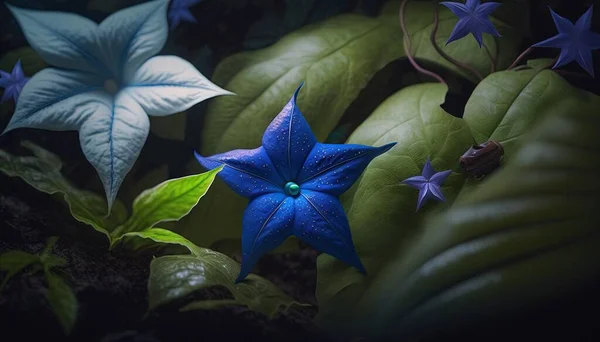 a blue flower surrounded by green leaves and blue flowers on a dark background with blue and white stars on the top of the petals and bottom of the petals.