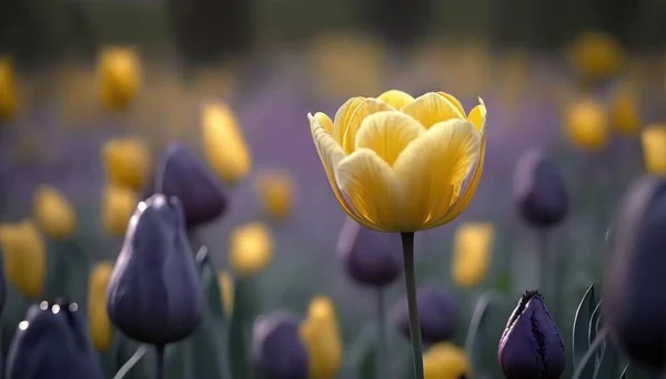 a yellow and purple tulip in a field of purple and yellow tulips in a field of purple and yellow tulips.