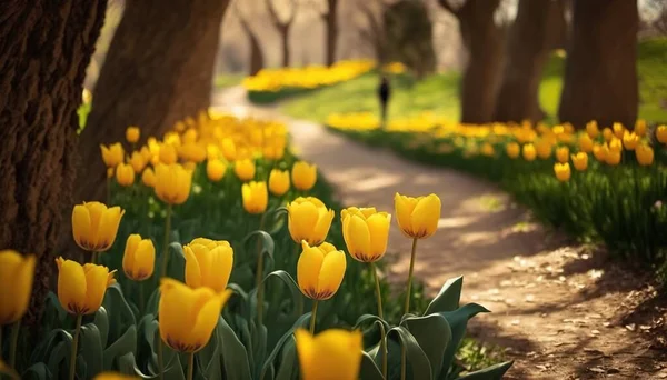 a bunch of yellow flowers that are by a tree and a path in a park with a person walking on the other side of the path.