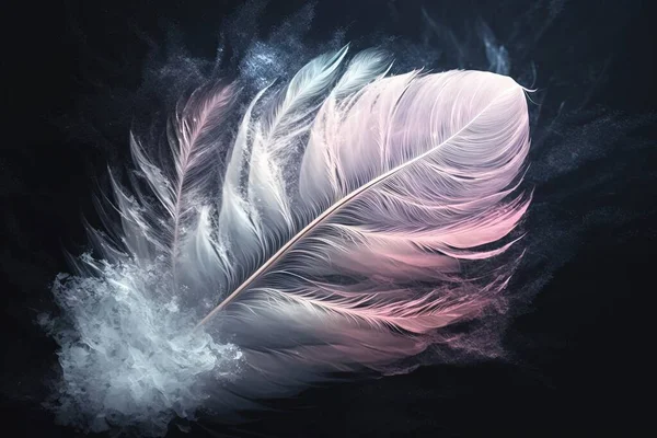 a pink and white feather floating in the air with a black background and a black background with a white and pink feather floating in the air.