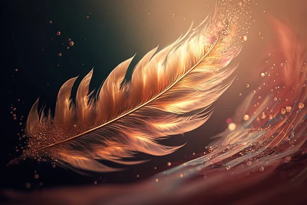 a golden feather floating on top of a body of water next to a red and black background with bubbles of water on it and a black background.