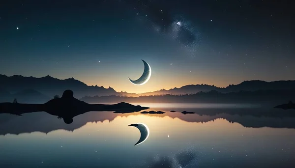 a night scene with the moon and stars above a lake with mountains in the background and a reflection of the moon in the water on the water.