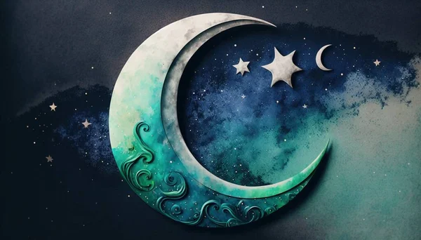 a painting of a crescent and stars in the night sky with clouds and stars in the sky above the moon and stars in the sky.