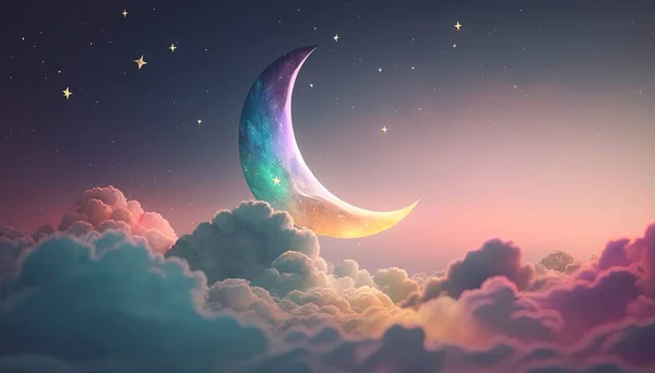a crescent moon in the sky with clouds and stars around it, with a pink and blue sky and clouds below it, and a pink and blue sky with stars.