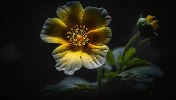 a yellow and white flower with green leaves on a black background with a black background and a white flower with yellow stamens in the center.