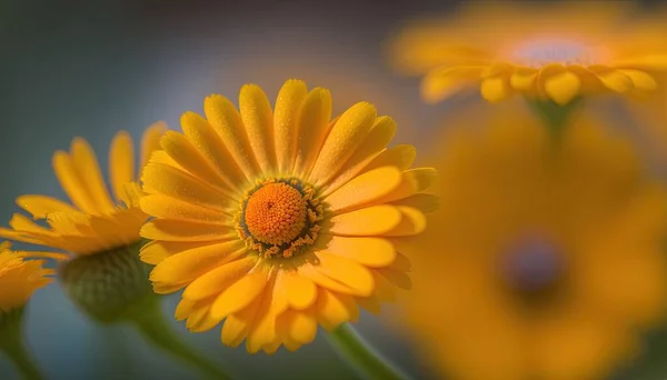 a close up of a yellow flower with a blurry back ground behind the flower and the center of the flower with a blurry back ground behind the flower.