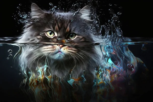 a cat is submerged in a pool of water with its head above the water\'s surface, with bubbles of water around it and a black background.