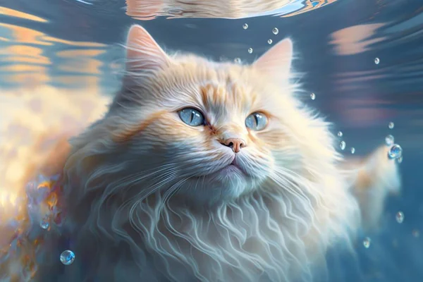 a painting of a cat swimming in a pool of water with bubbles on the water and a cat's head above the water's surface.