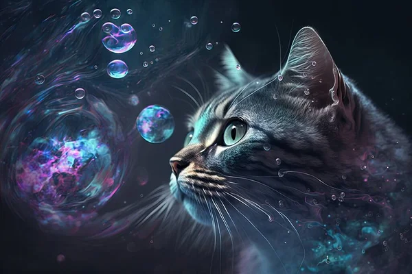 a painting of a cat staring at bubbles of water on a black background with a blue sky and purple hued area in the background.