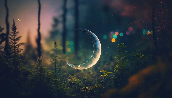 a crescent moon in the middle of a forest with trees and lights in the background, with a blurry image of the moon in the foreground.