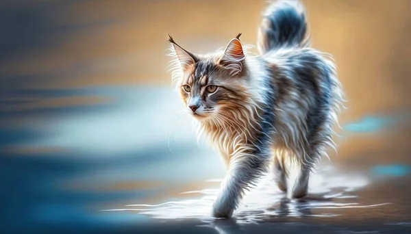 a painting of a cat walking in the water with its eyes closed.