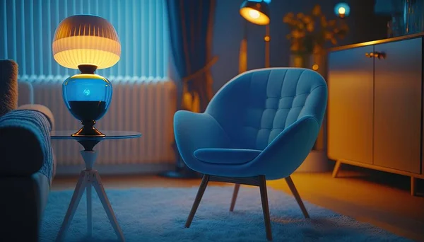 a living room with a blue chair and a table with a lamp on it.