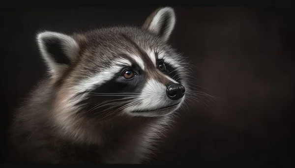 a close up of a raccoon\'s face. .