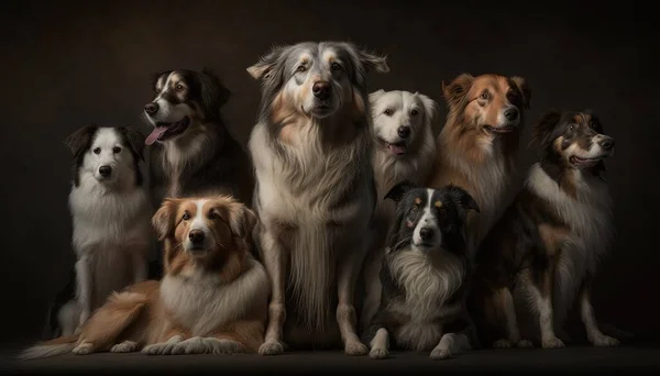 a group of dogs sitting next to each other on a black background.