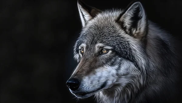 a painting of a wolf with yellow eyes and a black background. .