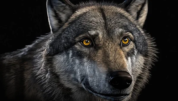 a close up of a wolf's face with yellow eyes.