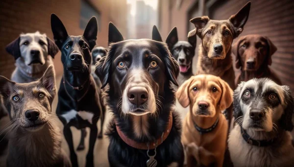 a group of dogs standing next to each other on a street.