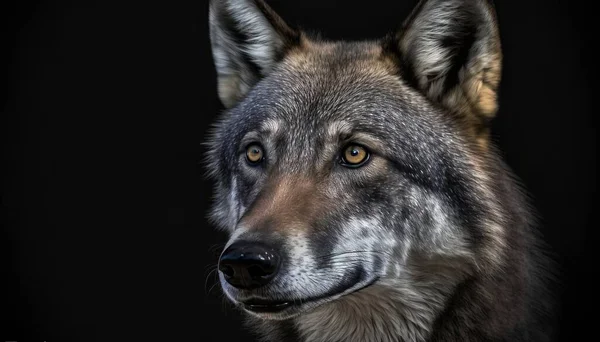 a close up of a wolf's face with a black background.