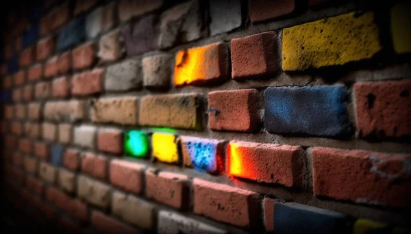 a close up of a brick wall with colored bricks on it.
