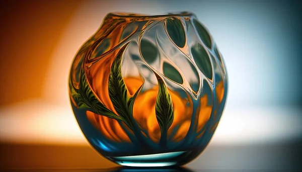 a glass vase sitting on a table with a blue base.