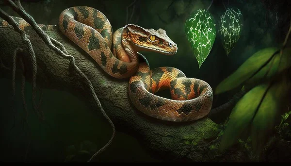 a snake is sitting on a branch in the jungle with leaves.