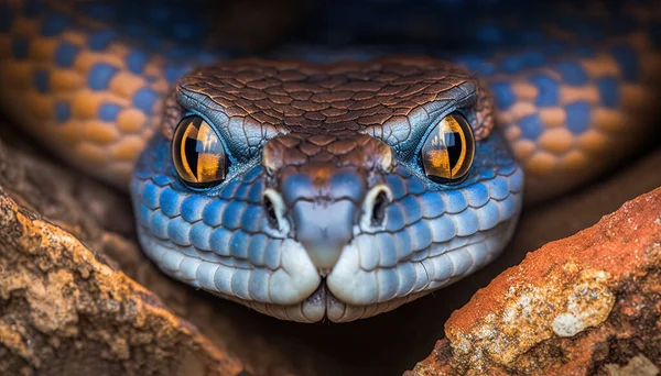 a close up of a blue snake\'s head with yellow eyes. .
