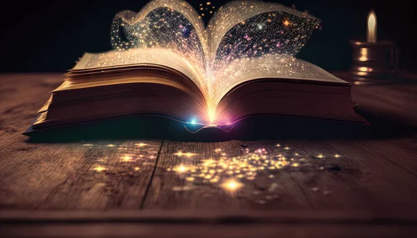 an open book with a glowing light coming out of it.