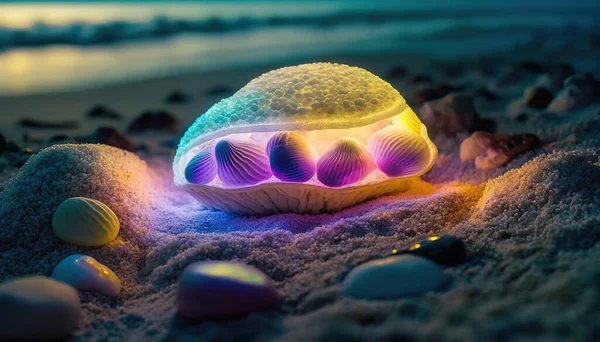 a colorful light up mushroom on a sandy beach with shells.