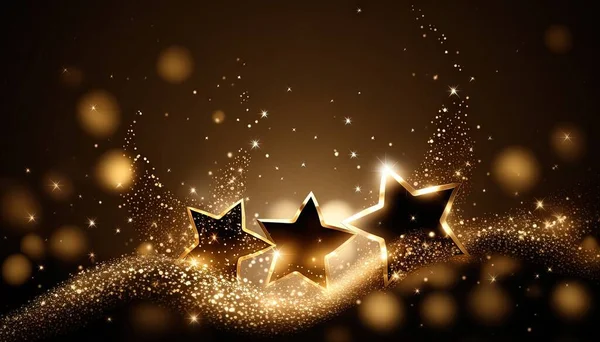 three gold stars on a black background with sparkles and stars.