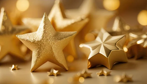 a group of shiny gold stars on a white surface with a blurry background.