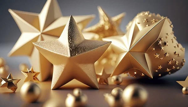 a group of gold stars and balls on a table with a gray background.