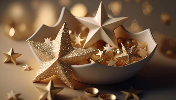 a bowl filled with gold stars on top of a table.