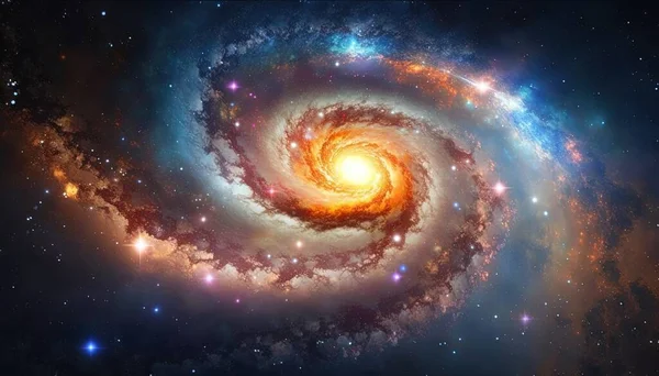 a spiral galaxy with stars in the background and a bright light in the center.