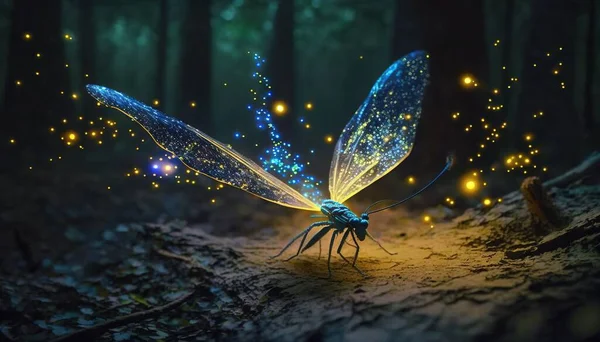 a blue dragon flys through a forest filled with fireflies.