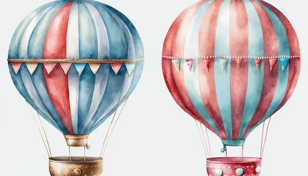 two hot air balloons painted in watercolor on a white background.
