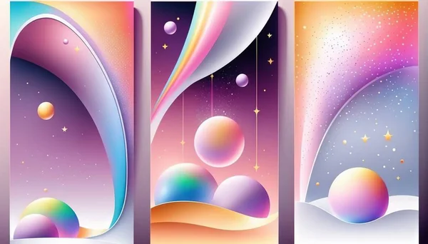 a set of three vertical banners with space and stars on them.