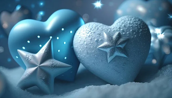 a heart, star, and snowflake decoration on a blue background.