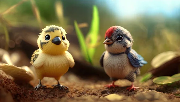 a couple of small birds standing on top of a dirt ground.