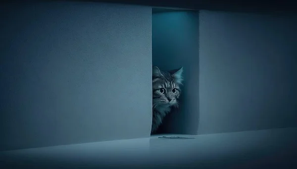 a cat peeking out of a corner in a dark room.