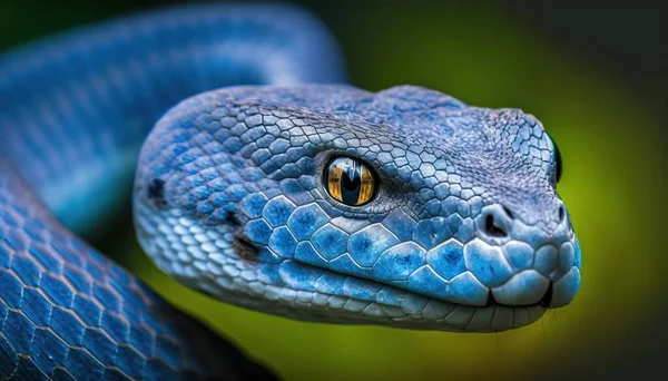 a close up of a blue snake's head with a green background.