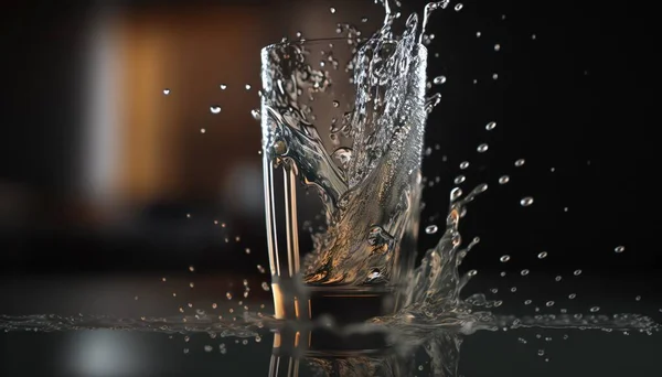 a glass of water with a splash of water on the side of the glass and a black background with a blurry image of the glass.
