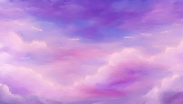 a painting of a purple sky with clouds in the background and a blue sky with white clouds in the middle of the sky and a blue sky with a few white clouds.