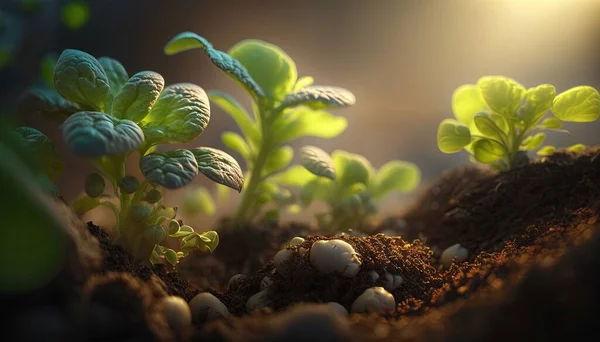 a close up of small plants growing out of dirt in a garden area with sunlight shining through the leaves and dirt on the ground below.