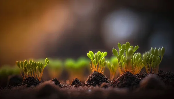 a close up of a group of plants growing out of the ground with dirt on the ground and grass growing out of the ground in the ground.