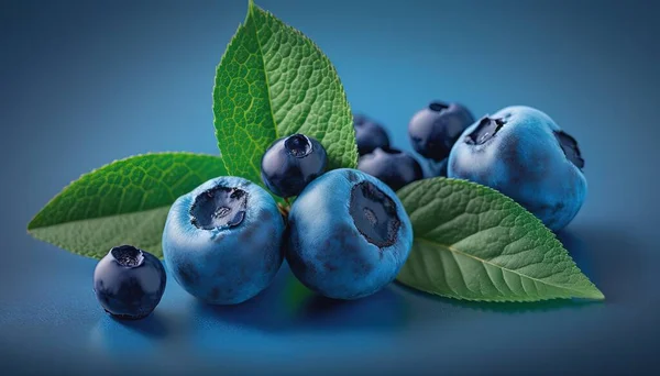 blueberries with leaves on a blue background with a blue background that has a blue background and a blue background with a blue background and green leaf.