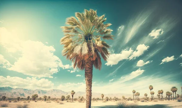 a palm tree in the middle of a desert with mountains in the background.