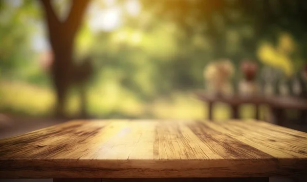 a wooden table with a blurry background of a park.
