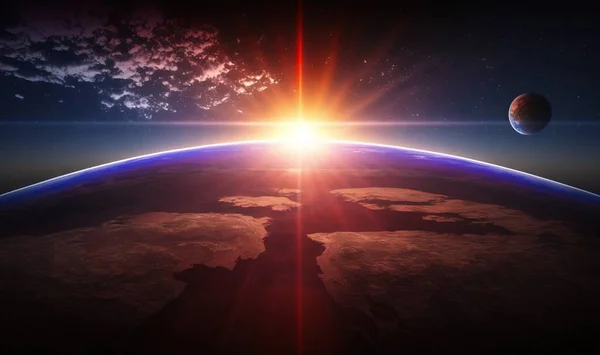 a view of the earth from space with the sun shining.